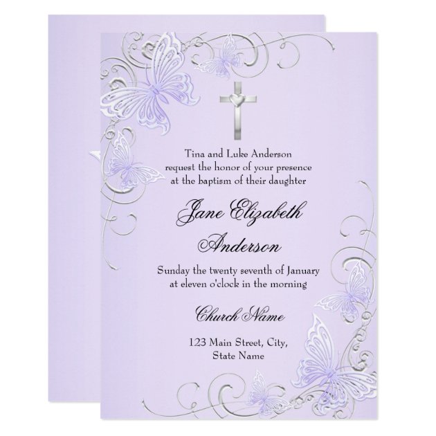 Purple Swirl Butterfly & Cross Baptism Invite