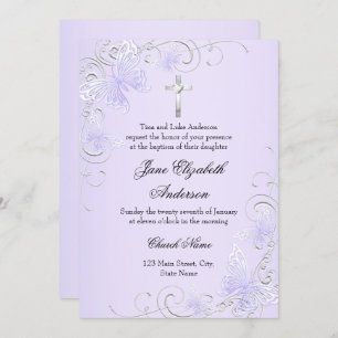 Purple Swirl Butterfly & Cross Baptism Invite