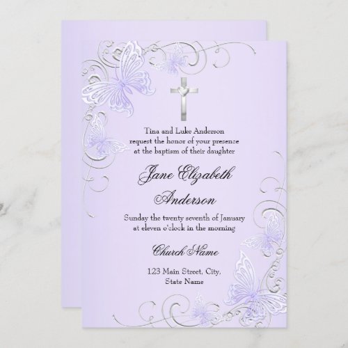 Purple Swirl Butterfly  Cross Baptism Invite