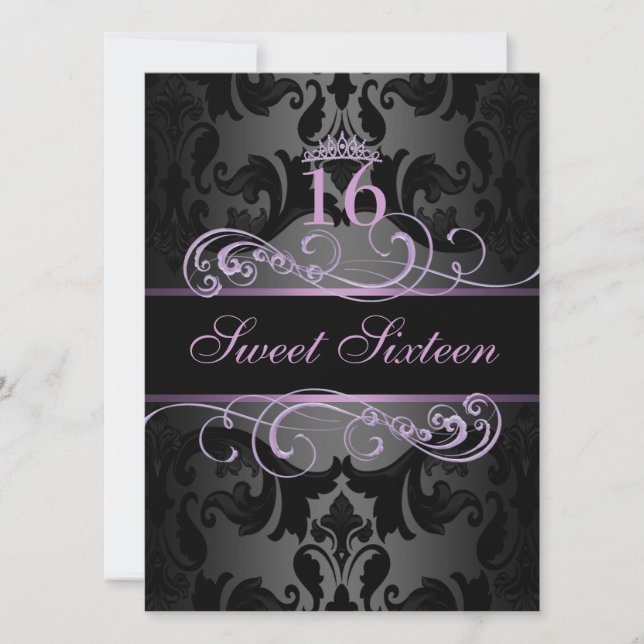 Purple Swirl Damask Sweet16 Birthday Invite (Front)
