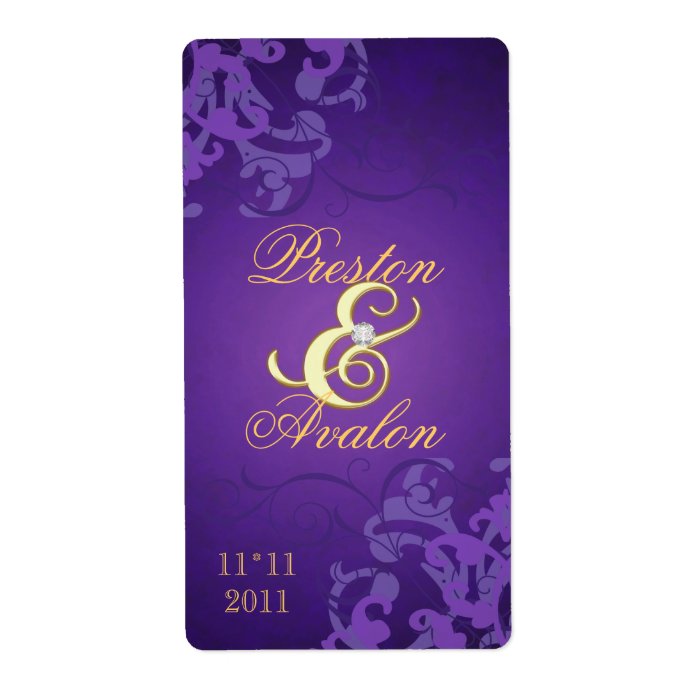 Purple Swirl Gold Jeweled Wedding Wine Label