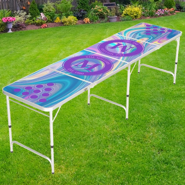 Purple Swirl Holographic Family Monogram & Name Beer Pong Table (Creator Uploaded)