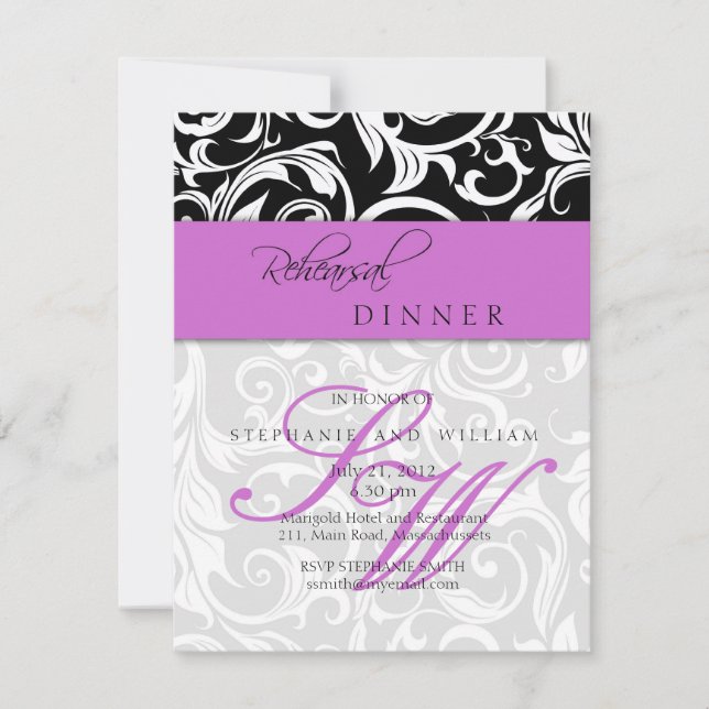 Purple Swirl Monogram Rehearsal Dinner Card (Front)