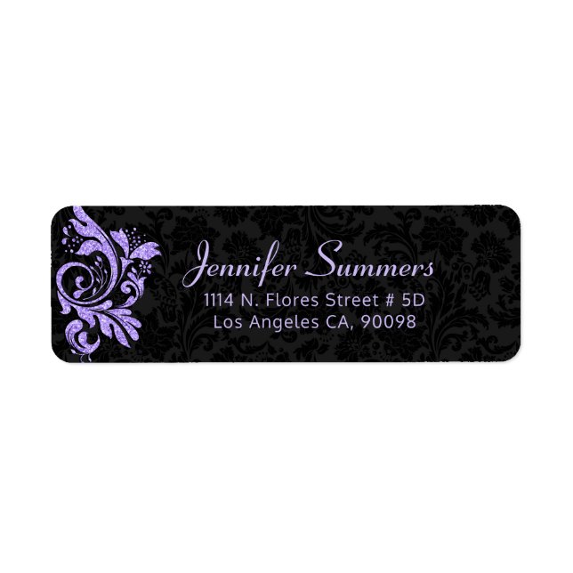 Purple swirl on black damask background label (Front)