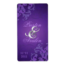 Purple Swirl Silver Jeweled Wedding Wine Label