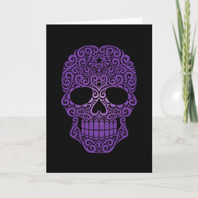 Purple Swirling Sugar Skull on Black Card (Front)