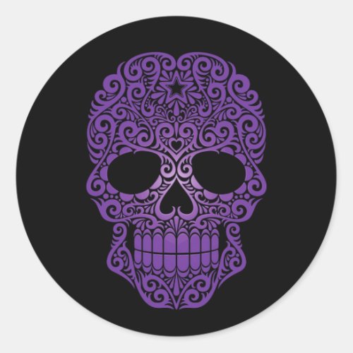 Purple Swirling Sugar Skull on Black Classic Round Sticker