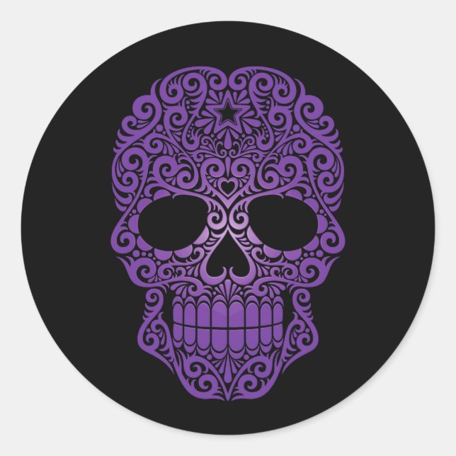 Purple Swirling Sugar Skull on Black Classic Round Sticker (Front)