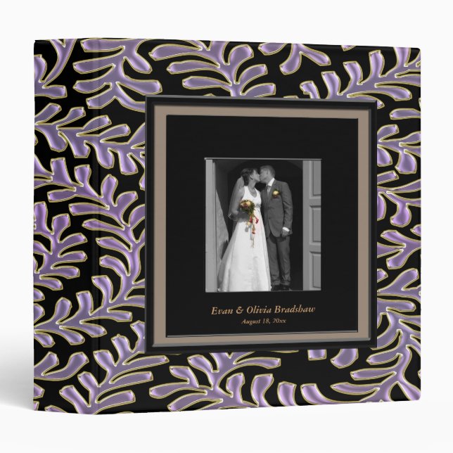 Purple Swirls Black Photo Frame Wedding Albums 3 Ring Binder (Front/Spine)