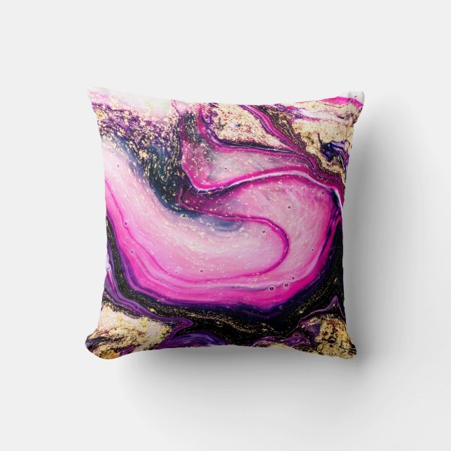 Purple swirls marble with glitter gold throw pillow (Front)