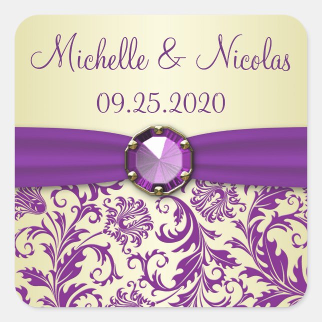 Purple swirls on golden Save the Date Sticker (Front)