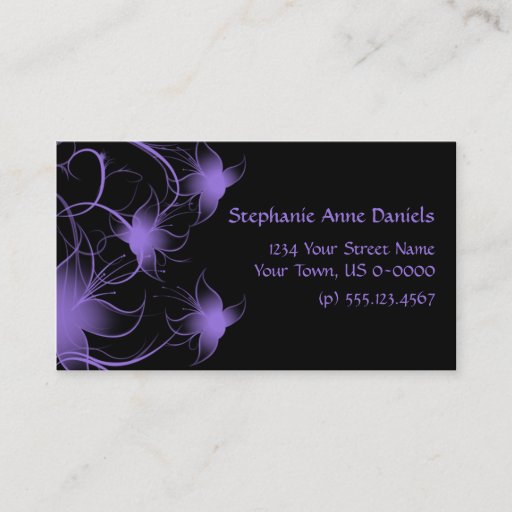 Customizable Purple Swirly Flowers on Black Business Card