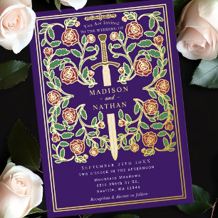 Purple Sword Floral Medieval Fantasy Wedding  Foil Invitation