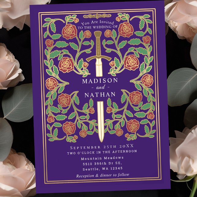 Purple Sword Floral Medieval Fantasy Wedding  Invitation (Creator Uploaded)