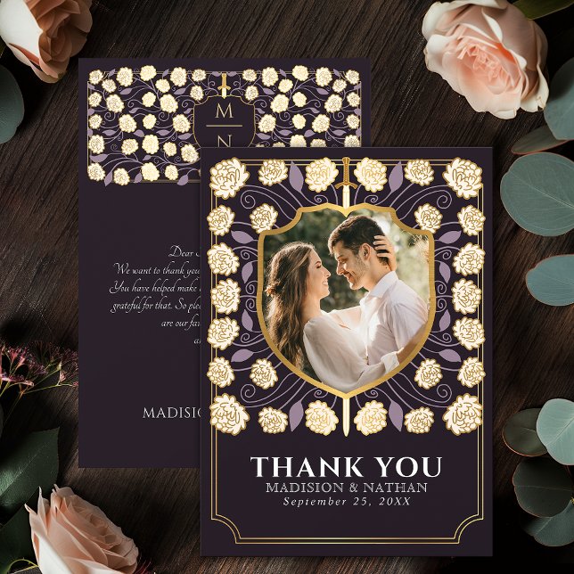 Purple Sword & Shield Medieval Fantasy Wedding Thank You Card (Creator Uploaded)