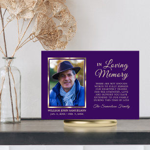 Purple Sympathy Funeral Memory THANK YOU Photo Card