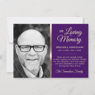 Purple Sympathy Funeral Memory THANK YOU Photo Card