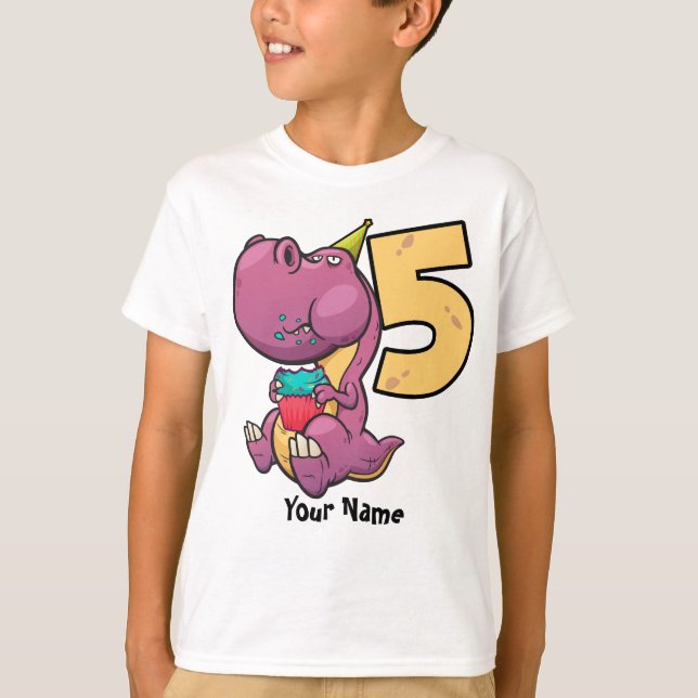 Purple T-Rex Dinosaur 5th Birthday T-Shirt (Front)