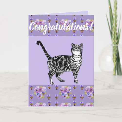 Purple Tabby Cat Floral Conrgatulations art Card