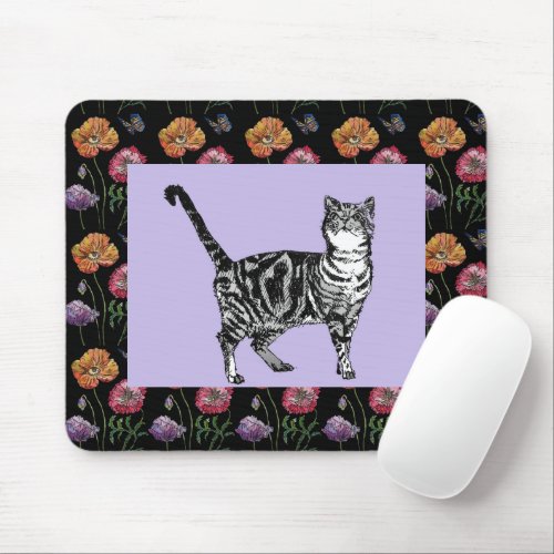 Purple Tabby Cat floral pattern Mouse Mat floral