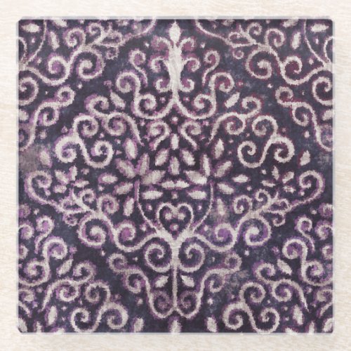 Purple tan damask luxury pattern glass coaster