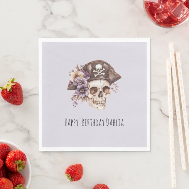 Purple Tan Floral Skull Birthday Napkins (Insitu)