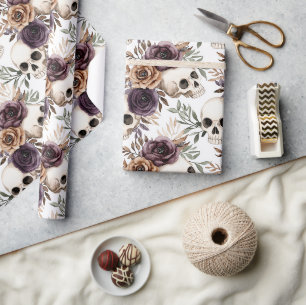 Purple Tan Floral Skulls Birthday Wrapping Paper
