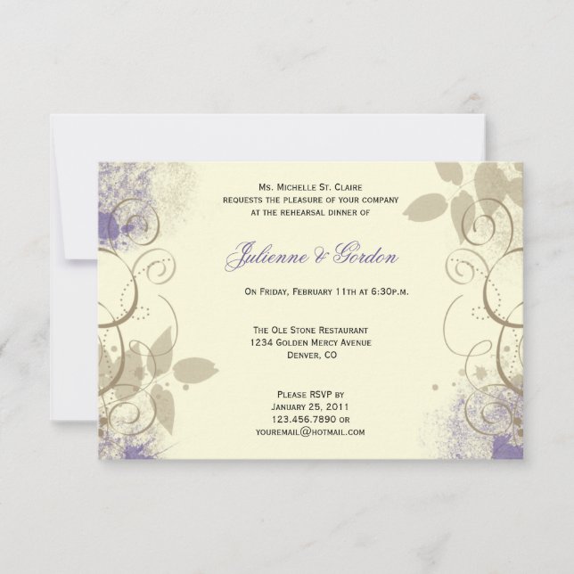 Purple Tan Grunge Leaves Swirls Rehearsal Dinner Invitation (Front)