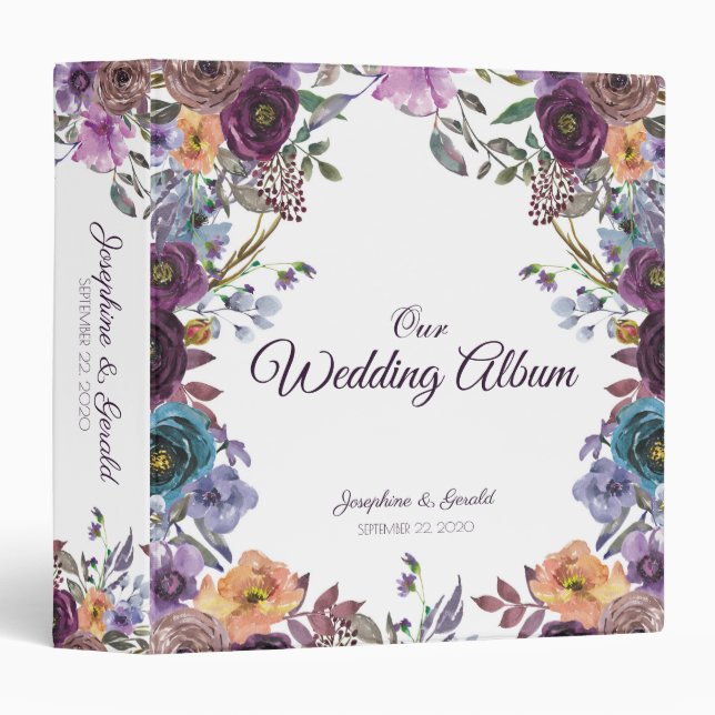 Purple Tan Lavender Flower Wedding Photo Album Binder (Front/Spine)
