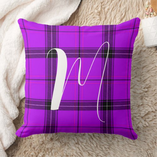 Purple Tartan Plaid Check - Modern Monogrammed Throw Pillow