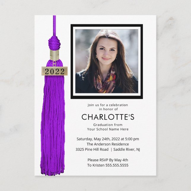 Purple Tassel Photo Graduation Invitation  Postcard (Front)