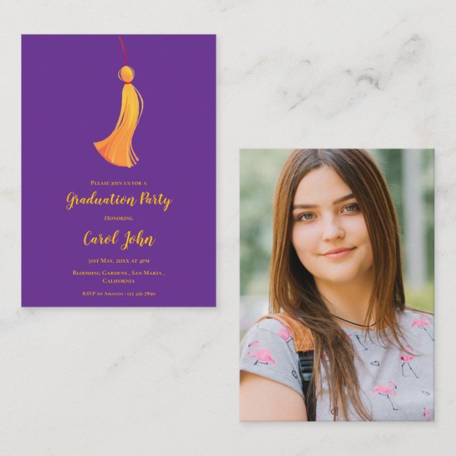 Purple Tassel Photo Graduation Party  Mini Invite (Front/Back)