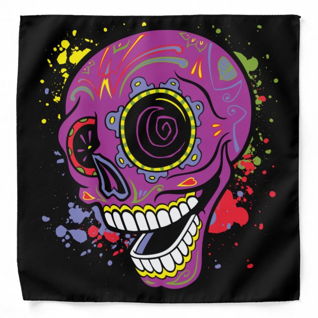 Purple Tattoo Sugar Skull With Paint Biker Dew Rag Bandana (Front)