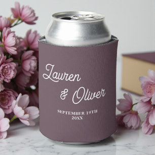 Purple Taupe Script Minimalist Wedding Can Cooler