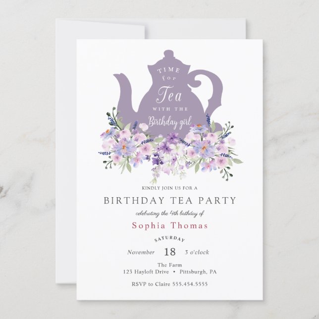 Purple Tea Party Birthday Invitation (Front)