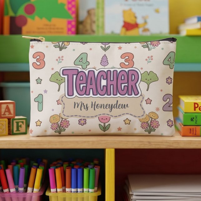 Purple Teacher School Numbers Pattern  Accessory Pouch (Creator Uploaded)