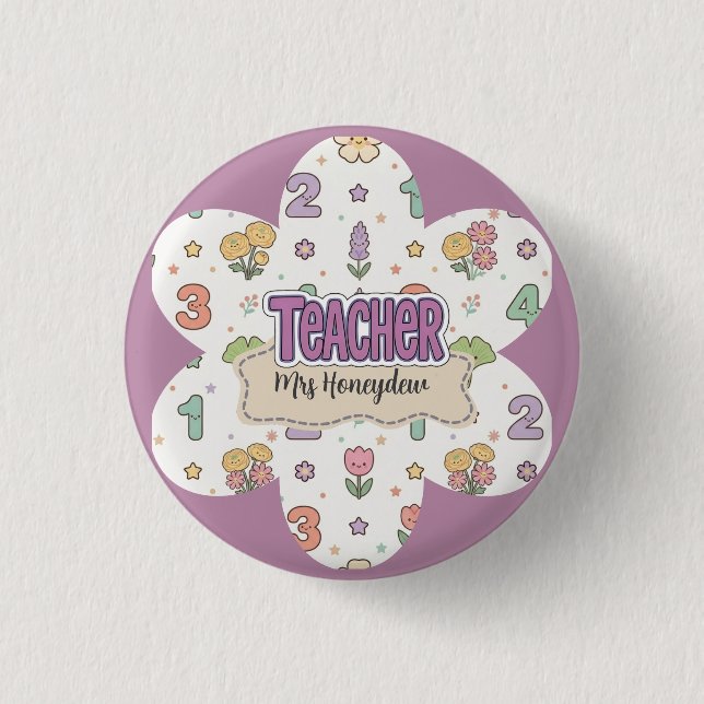 Purple Teacher School Numbers Pattern  Button (Front)