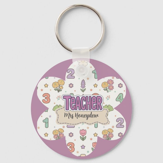 Purple Teacher School Numbers Pattern  Keychain (Front)