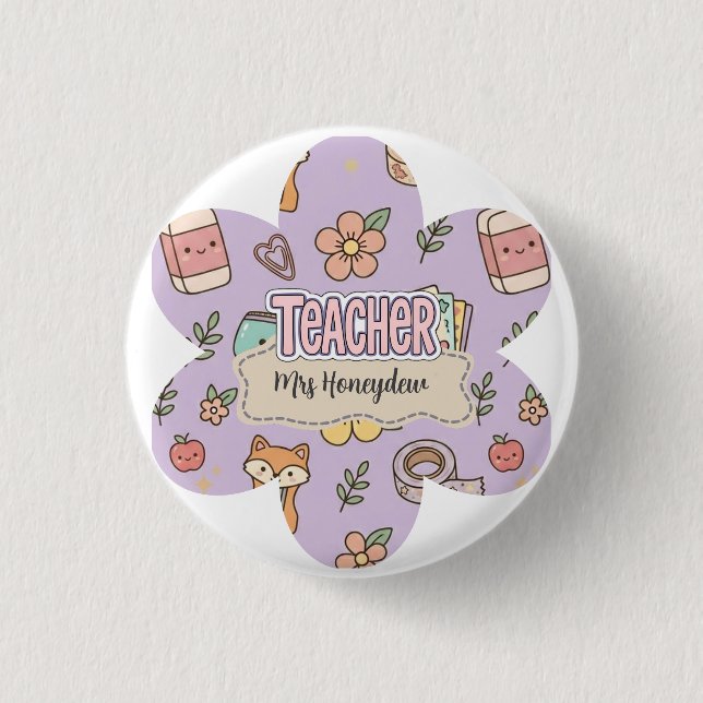 Purple Teacher School Supplies Pattern  Button (Front)
