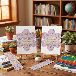 Purple Teacher School Supplies Pattern Thank You Card
