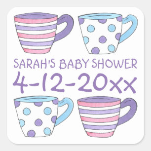 Purple Teacups Tea Party Cup Baby Shower Stickers