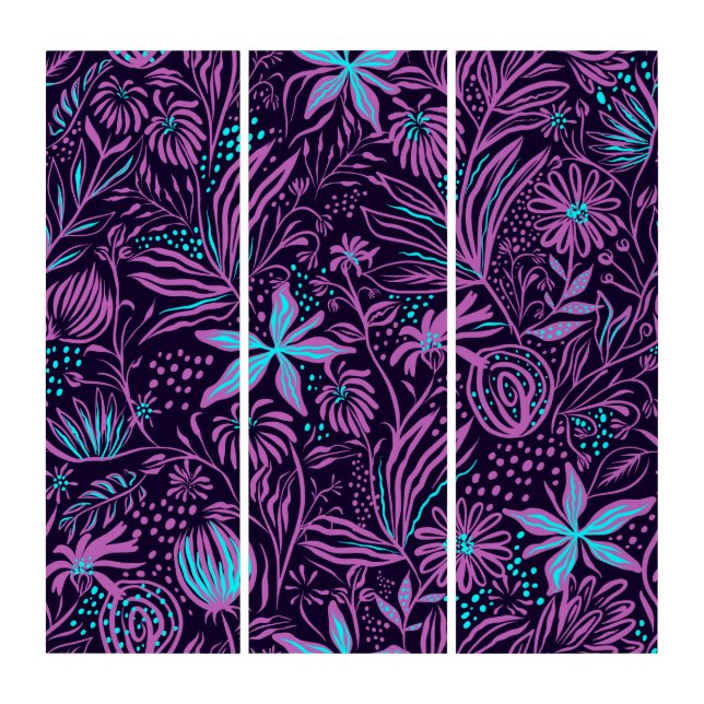 Purple & Teal Abstract Flowers Artwork Triptych (Front)