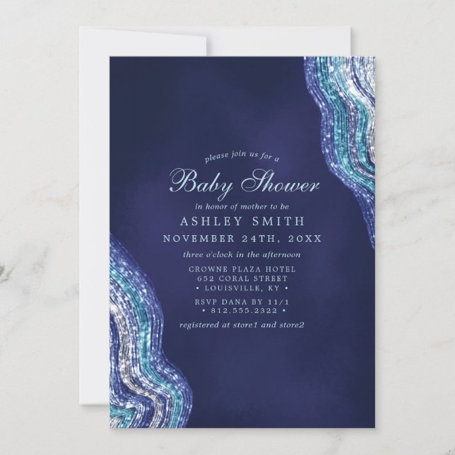 Purple Teal Agate Geode Gemstone Baby Shower Invitation (Front)