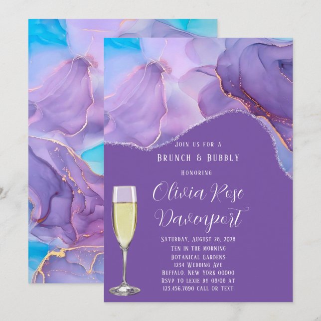 Purple Teal Alcohol Ink Brunch & Bubbly Invitation (Front/Back)