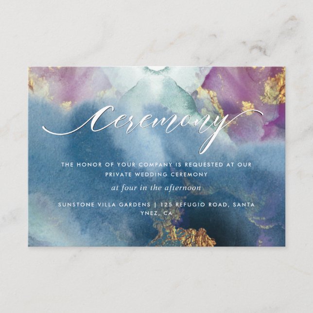 Purple, Teal and Blue Watercolor Ceremony Details Enclosure Card (Front)