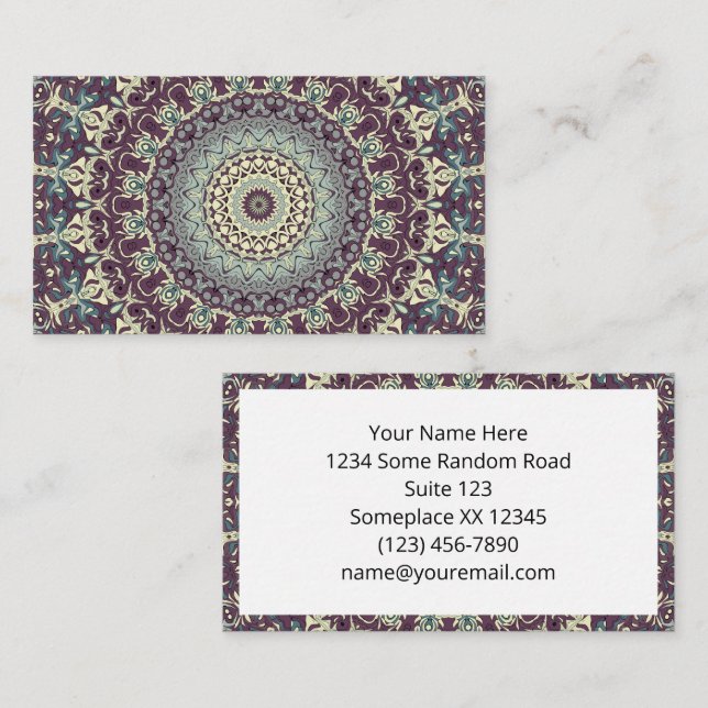 Purple Teal and Cream Mandala Pattern Business Card (Front/Back)