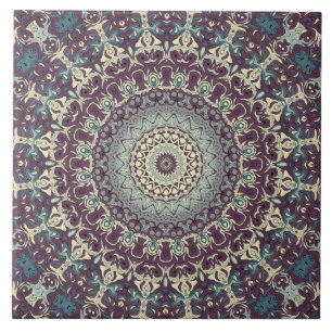 Purple Teal and Cream Mandala Pattern Ceramic Tile