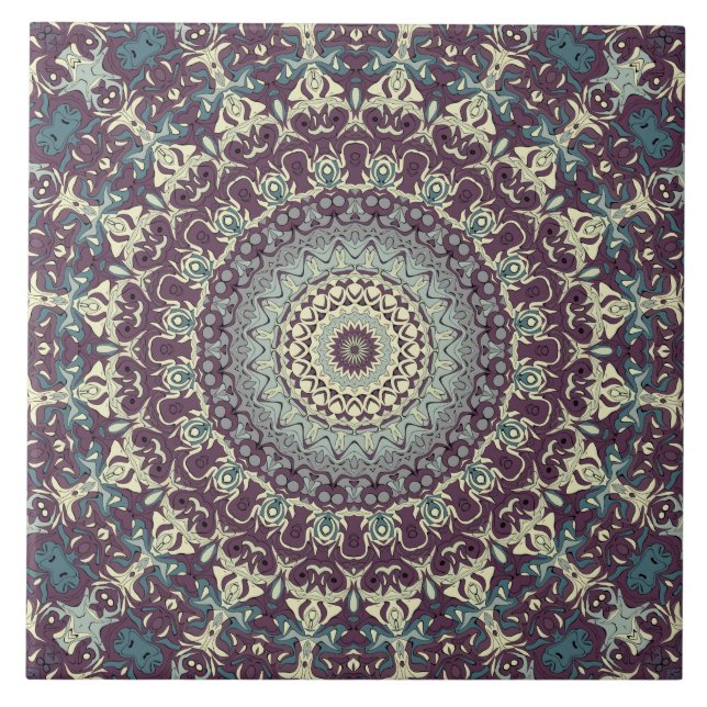 Purple Teal and Cream Mandala Pattern Ceramic Tile (Front)