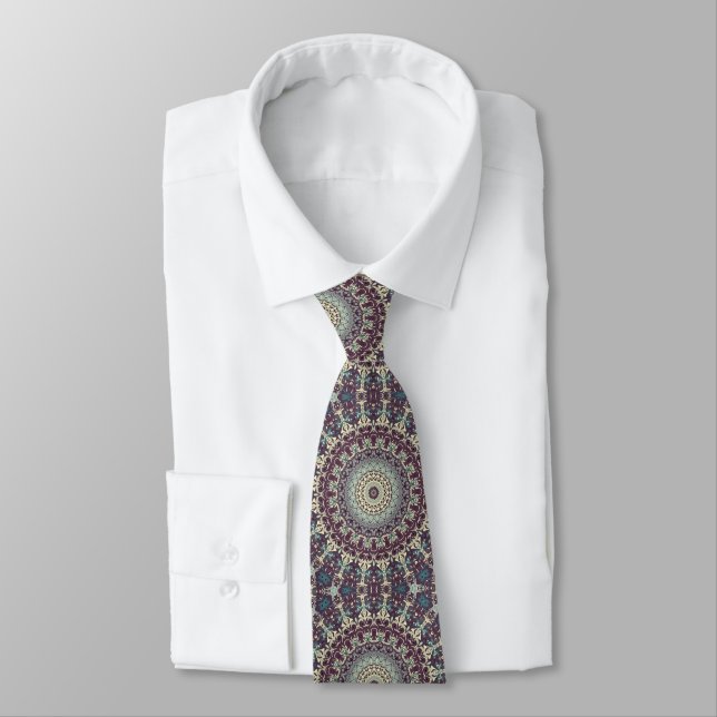 Purple Teal and Cream Mandala Pattern Neck Tie (Tied)