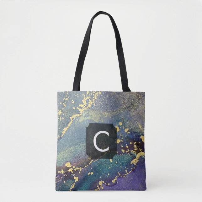 Purple, Teal and Gold Liquid Art Monogram Tote Bag (Front)